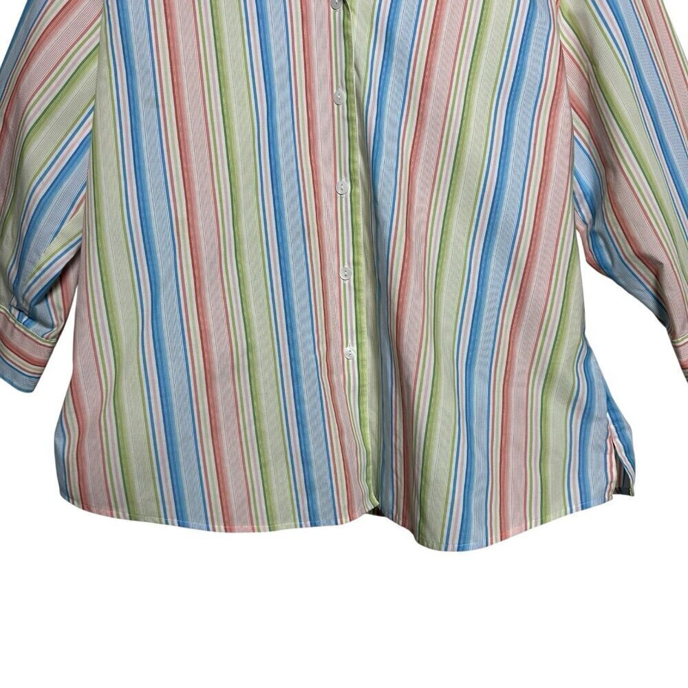 Foxcroft Wrinkle Free Striped 3/4 Sleeve Top Sz 14P Button Cotton Travel *Flaw - Picture 6 of 11
